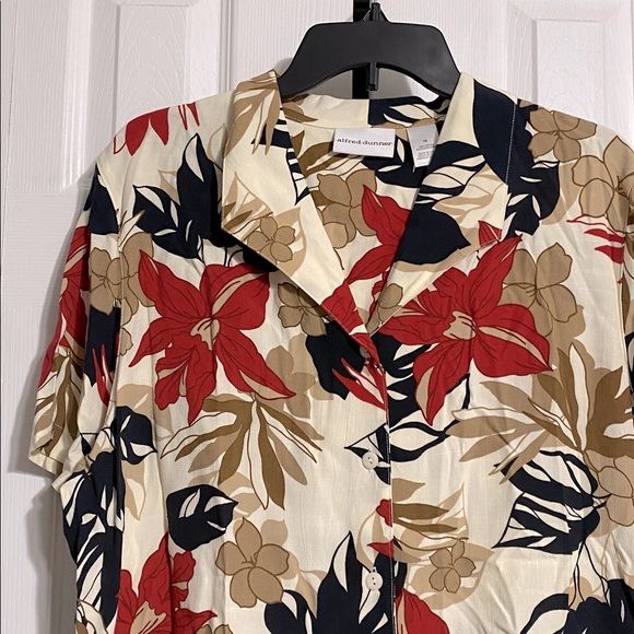 Alfred Dunner floral cream tan black red button down blouse top shirt SZ 16 - Picture 2 of 9